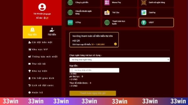 Nạp tiền bằng USDT được 33WIN hỗ trợ