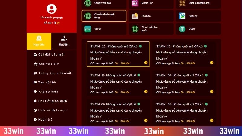 Ngân hàng là kênh nạp tiền 33WIN thuận tiện